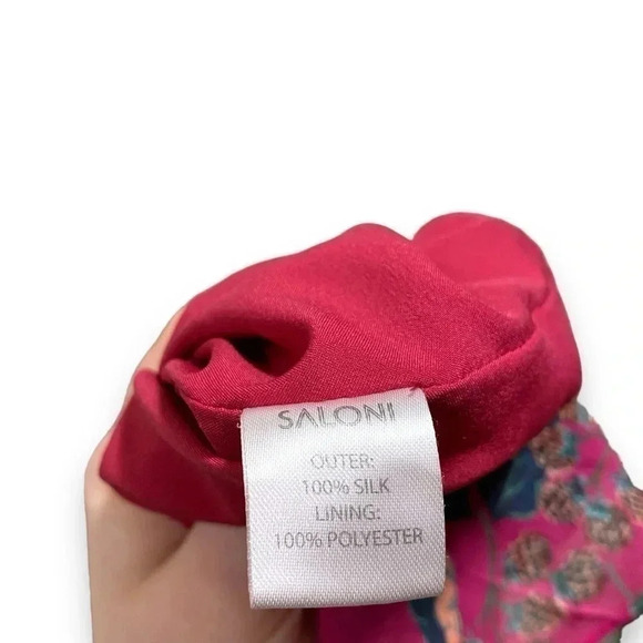 SALONI Cece 100% Silk Dark Pink Berry Printed Ruffle V Neck Mini Dress Size 6 - Picture 11 of 11